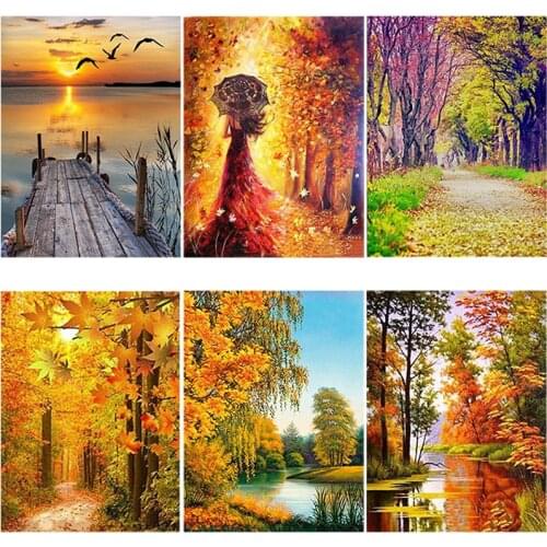 DIY 5D Diamond Painting Autumn Landscape Tree Diamond Embroidery Cross Stitch Patterns Lake Full Round Drill Art Wall Home Decor