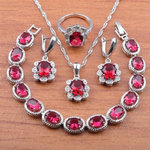 Classic Bridal Jewelry Rose Red ZirconiaSilver Color Jewelry Set Earrings Necklace Pendant Rings Bracelet Set JS0402