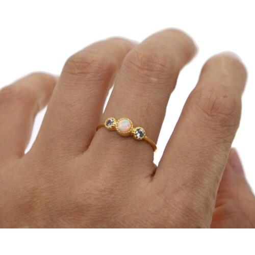 Classic 925 sterling silver vermeil ring three stone design cz opal stone bezel setting adorable jewelry
