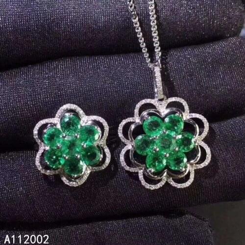 KJJEAXCMY fine jewelry natural Emerald 925 sterling silver women gemstone pendant necklace ring set support test beautiful