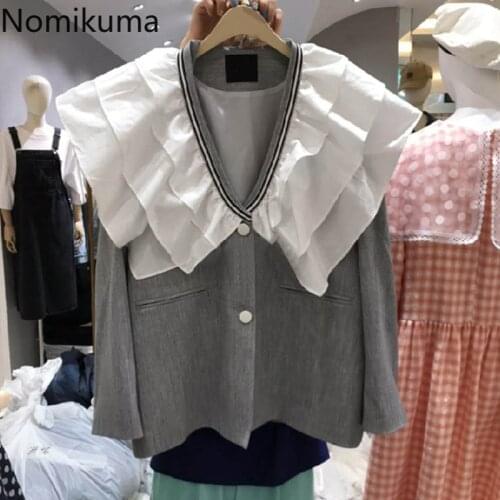 Nomikuma Korean Ruffle Hit Color Patchowrk Women Coat Causal Long Sleeve V-neck Jacket 2021 Spring New Femme Outerwear 6G774
