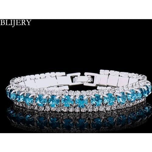 BLIJERY Wedding Bridal Crystal Bracelets For Women Silver Plated Blue Rhinestone Chain Link Bracelets & Bangles Femme Pulseira