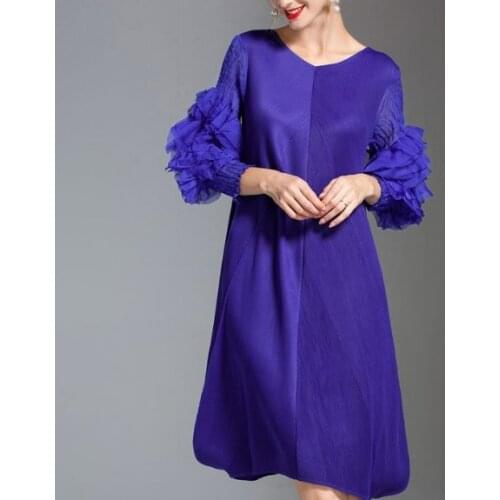 HOT SELLING Miyake three quarter o-neck fold lantern sleeve dress fashion dress IN STOCK