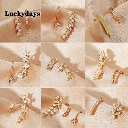 Luckydays Vintage Crystal Flower Geometry Ear Clip Star Cuff Earrings For Women Non Pierced Clip On Women Earrings Jewelry