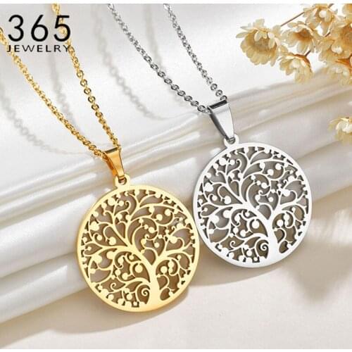 Trendy Stainless Steel Tree of Life Necklace Gold Round Pendant Crystal Life Tree Necklaces For Women Girl Jewelry Birthday Gift