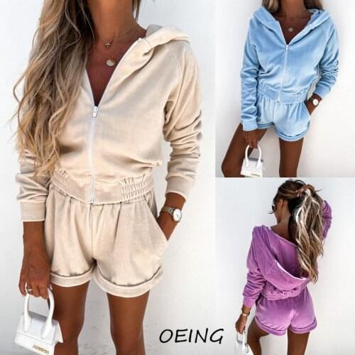 Fashion Sport Wear Two Piece Jogging Suits for Women Zip Up Hooded & Shorts Tracksuit Outfit Set