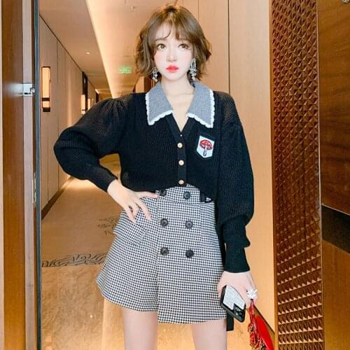 Fashion high-waist retro double-breasted collage skirt hem pocket houndstooth skirt womens 2020 autumn new