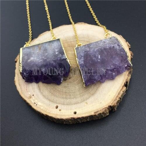 MY0860 Purple Crystal Quartz Stalactite Slice with Double Bails,Amethysts Druzy Gold Electroplated Pendant Gold Chain Necklace