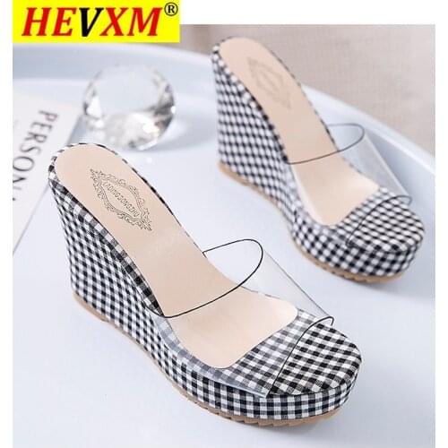 New Summer Womens Slippers Fashion Plaid Cloth Wear-resistant Square Head Wedge Heel Thick Bottom Waterproof Platform Sandals