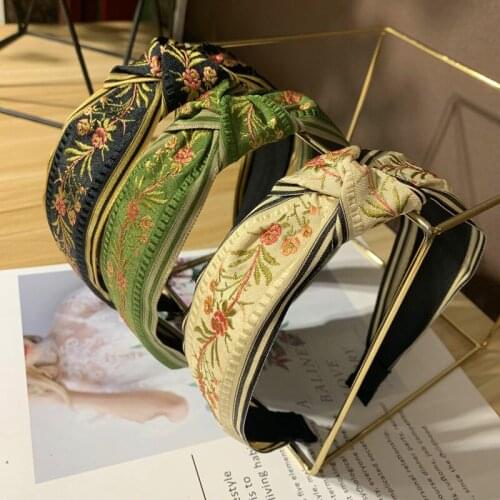 Vintage Ethnic Embroidery Headband Women Wide-Brimmed Cross Knotted Hair Hoops Headwear Sweet Bezel Hairbands Hair Accessories