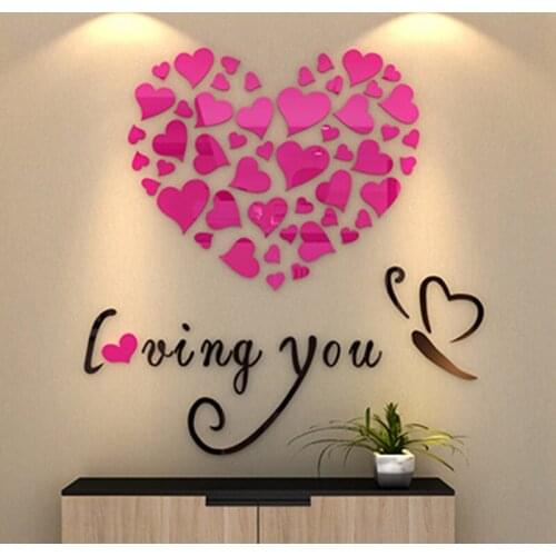 Romantic Loving Heart Wall Stickers DIY 3D Acrylic Decoration Wallpaper Decals Art Murals Living Room Bedroom Wallsticker Poster