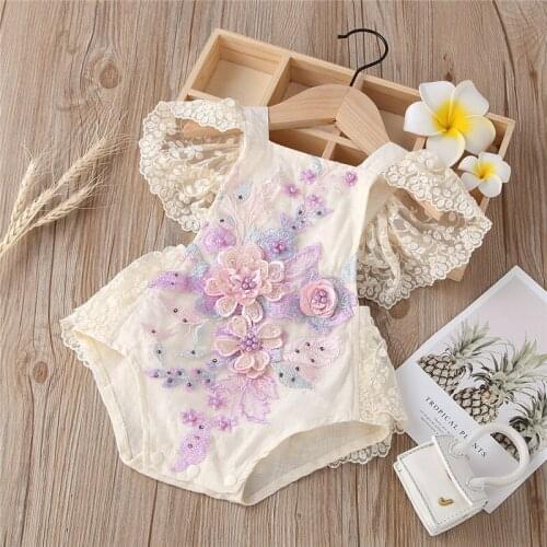 Flower Lace Romper For Baby Girls 1 2 Years Birthday Petal Sleeve Princess Jumpsuits Toddler Bodysuit Infant Summer Clothes