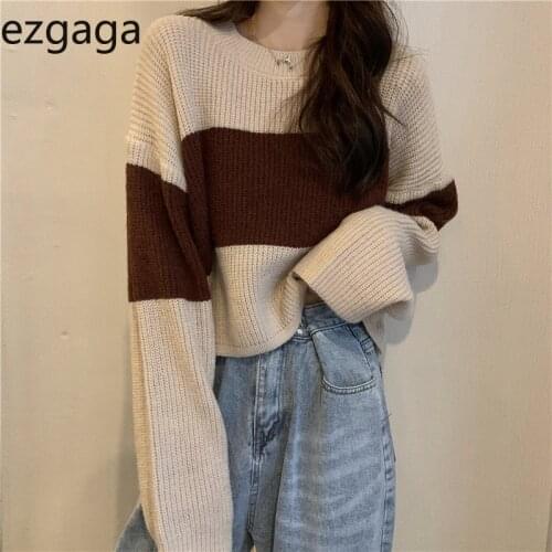 Ezgaga Stripe Sweater Women Vintage O-Neck Contrast Long Sleeve Crop Sweater Loose Autumn New Fashion Pullover Knitwear Female