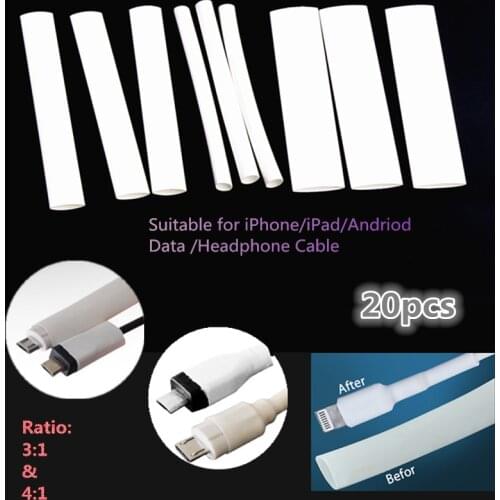 20pcs White Heat Shrink Tubing Ratio 3:1/4:1 Protection Sleeving for Headphone/USB Wire
