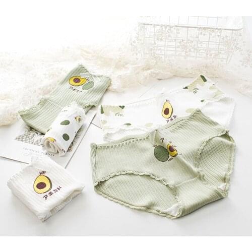 Comfortable Maiden Mid-Waist Cute Underpants Avocado Pattern Breathable Women Cotton-Spandex Lingerie Japanese Style