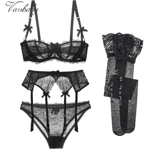 Varsbaby letter stockings 1/2 cup plus size sexy lace bra set bra+panties+garter+stockings 4 pcs/lot