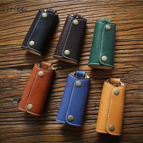 Vintage Genuine Leather Key Wallet Men Women Car Key Bag Multi Function Key Case Ladies Housekeeper Key Holders 4 Rings