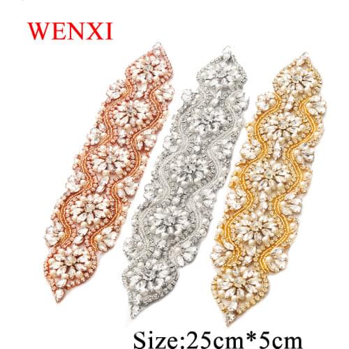 WENXI 5PCS Wholesale Hand Beaded Sewing Silver Crystal Rhinestone Applique Accessory For Dresses Headband DIY Iron On WX840