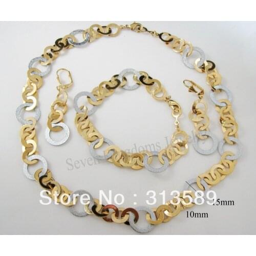 YELLOW&WHITE GOLD GP 18" NECKLACE&7.9" BRACELET DANGLE EARRING CIRCLE ROUND/Great Money Maker