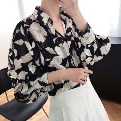 Casual Loose Chiffon Shirts For Women Vintage Printed Fashion Floral Shirt Thin Tops Elegant Lady Lantern Sleeve Summer Shirt
