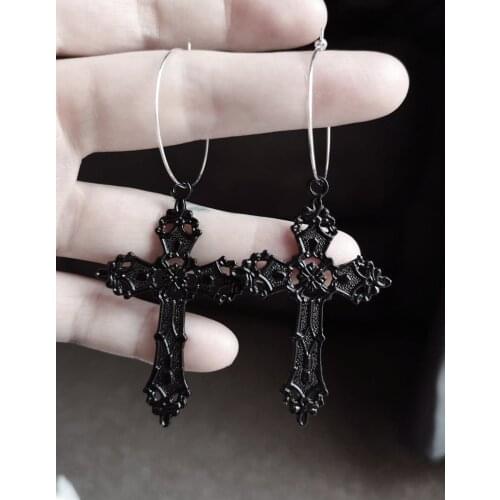 Goth Large Detailed Cross Black Hoop Earrings Gothic Punk Jewellery Fashion Gorgeous Statement Women Rock Jewelry Gift