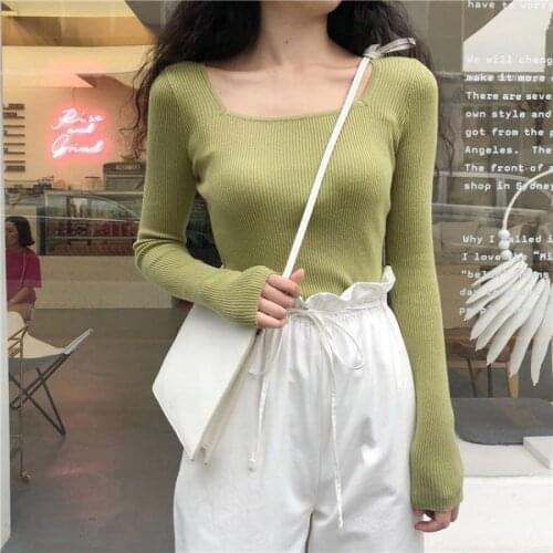 Woman Knitwear Tops Solid Color Long Sleeve Skinny Tops Toppies Sexy Square Collar Slim T-Shirts