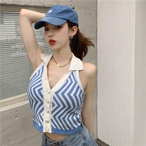 Crop Top Women Summer 2021 Korean Style Geometric Striped Turn Down Collar Sexy Backless Halter Top Knit Cardigan Tank Top T603
