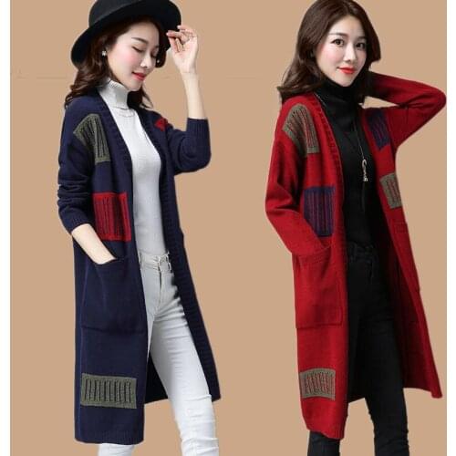 2021 Spring Autumn Korean Loose Long-sleeved Sweater Women Stitching Knitted Cardigan Womens Jacket With pocket Long Cardigans