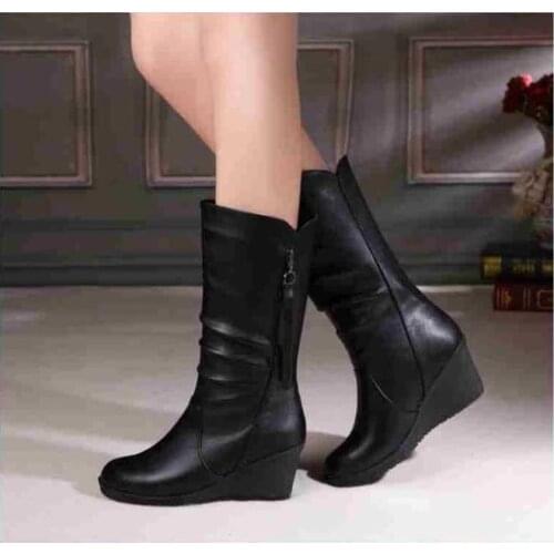 Winter Warm Fur Boots Womens Boots High Heels Side Zipper Female Shoes Black Woman Boots Shoes Wedge Boots Shose Women