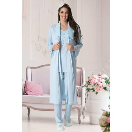 Kadın Hamile Lohusa Pijama Seti Dantelli Yaka ve Kol Sabahlıklı Pamuklu 3 Parça Takım