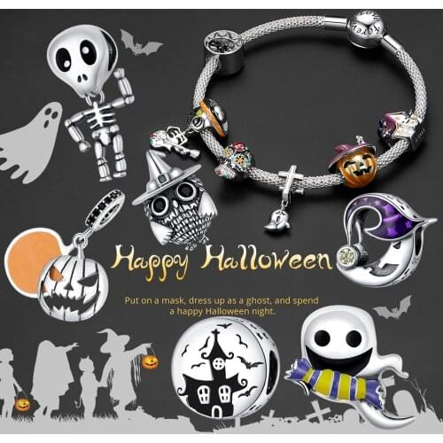 100% sterling silver 925 charm skull pumpkin pendant fit pandora bracelet owl beads original Halloween jewelry for women making
