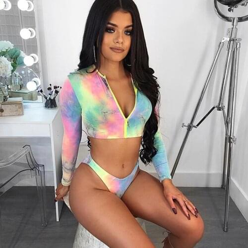 2021 Bikini Sexy 2 Piece Set Women Long Sleeve Printed Bikini Jogging Femme Women Set Plus Size Beach Swimwear Matching Sets