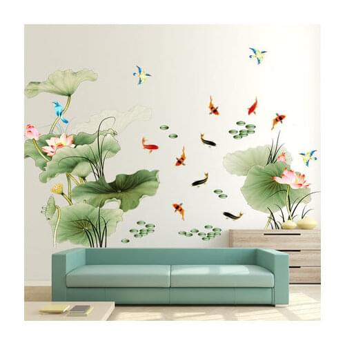 225*97CM DIY Lotus Flower Wall Sticker Living Room Home Decoration Chinese Style Flower Wall Pictures 3D Wallpaper Mural
