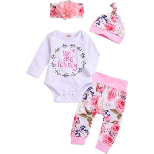 4pcs Newborn Baby Girl Clothes Fall Long Sleeve Letter Romper Top Pants Hat Casual Baby Clothes Set 0-18M1
