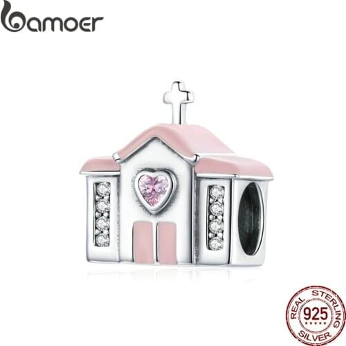 Bamoer 925 Sterling Silver Family Love Wedding Hall Church Zircon Pink Charm Pendant for Original Bracelet DIY Jewelry SCC1810