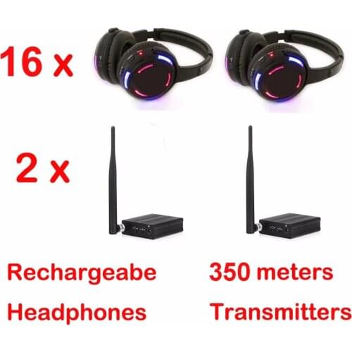 Silent Disco system 16pcs LED flashing Headphones with 2pcs 350 meters transmitters- RF Wireless For iPod MP3 DJ Music