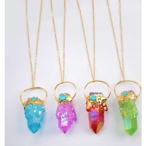BOROSA 3PCS 26inch Gold Crystal Necklace Titanium AB Druzy Quartz Point With Amethysts Chips&Turquoises Pendant Necklace G1944-N