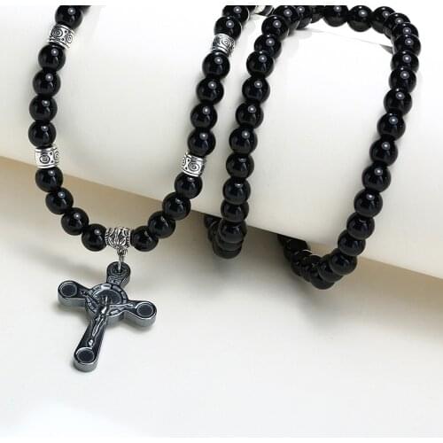 Hematite JESUS Cross Pendant Necklace Carnelian Stone Beads Chain Necklaces Women Mens Gift Catholic Religious Jewelry