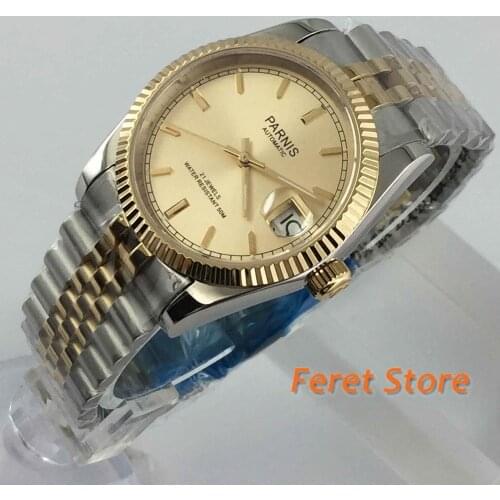 Parnis 36mm unisex date window golden dial sapphire glass Mingzhu Automatic movement Mens watches women wristwatch