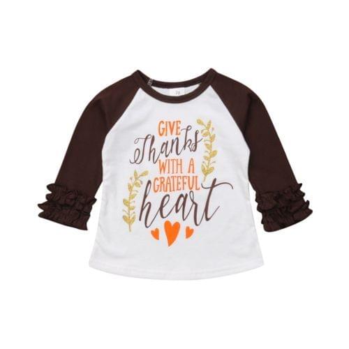 Thanksgiving Kids Toddler Baby Girl Ruffle Long Sleeve Cotton Top T-shirt Blouse Size 1-5T
