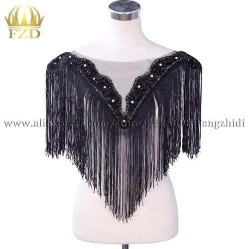 FZD 1 Piece Wedding Bodices Patches Fabric front&back fringe for Bridal Evening Dresses DIY Material Clothes tassel Trimming