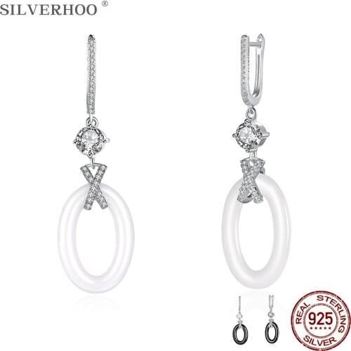 SILVERHOO 925 Sterling Silver Simple Letter O Shape Ceramics Women Earrings Dangle 5A Cubic Zirconia Drop Earring Silver Jewelry