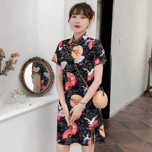 Crane Elegant Summer Casual Party Carnival Fashion Modern Cheongsam Dress Women Short Sleeve Qipao Traditional Chinese Clothes