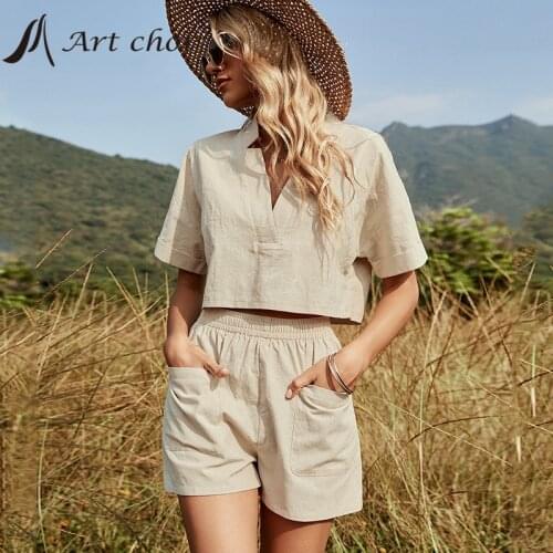 Summer Two Piece Set Pullover Tracksuit Casual Outfit Suits Women Solid T Shirt Tops Cotton And Linen Shorts Pants 2 Piece Sets
