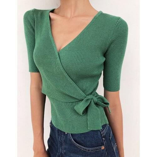 Summer French Slim Knit Short-sleeved T-shirt Ins Tide Half-sleeved Lace Five-point Sleeve Lace-up Top