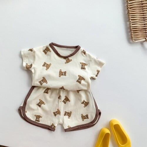 Summer Little Boys Girls Leisure Wear Toddlers Creative Cartoon Little Bear Printing Round Collar Short Sleeve Tops + Shorts