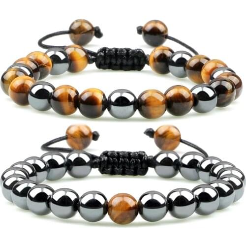 Hot 2pcs Hematite Tiger Eye Beads Bracelet Classic Men Natural Stone Bracelet Handmade Adjustable Couples Jewelry Gifts Pulseras