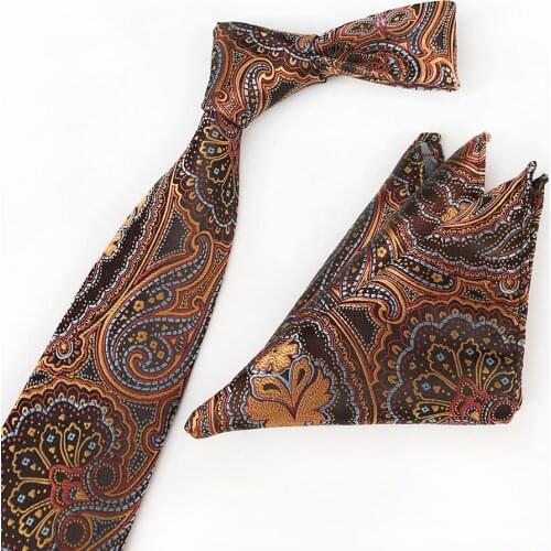 Men Wedding Party Necktie Set with Pocket Square Golden Yellow Paisley Pattern Ties Handkerchief Sets