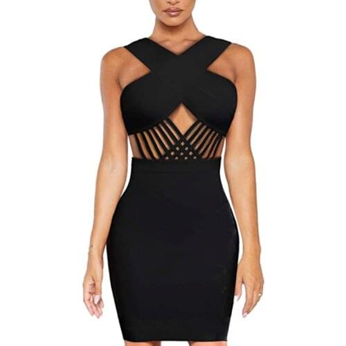 New Women Sexy Designer Hollow Out White Black Bandage Party Dress Ladies Charming Trendy Mini Celebrity Night Club Dress