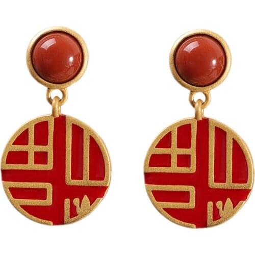 BOCAI New solid real pure s925 silver jewelry ethnic style ladies' southern red earrings, new products with the word "Fu"